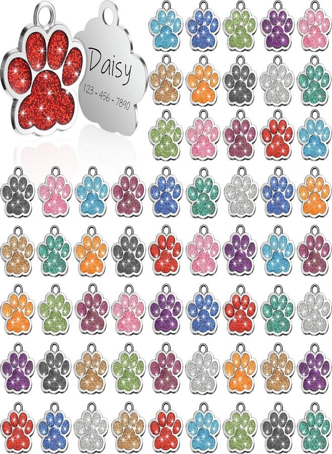 Abbylike 60 Pcs Personalized Paw Print Pet Tag for Dogs and Cats, Blank Pet ID Tags Custom Glitter Paw for Cute Metal Cat Name Small DIY Engraved Puppy Name - Image 1